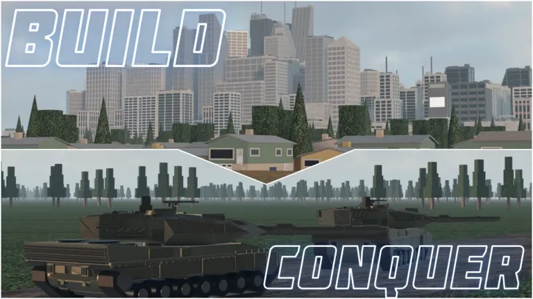 Build and Conquer city skyline and military vehicles in official Roblox artwork