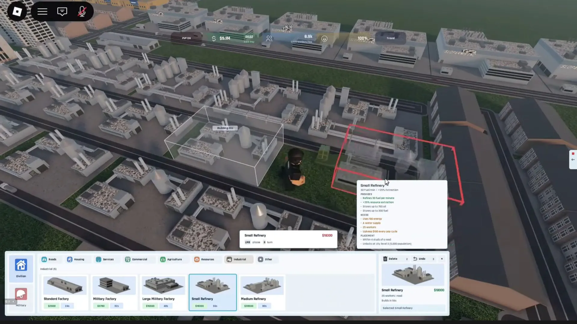 30 fuel/minute, extraction modifier, storage, utilities, staff, upkeep and city gate; selected quote differs from sidebar.