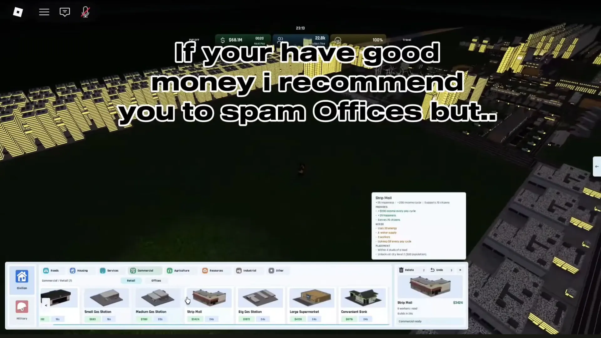 Strip Mall income, upkeep, service count and utilities; tooltip says 3 workers while sidebar says 8. Preserve conflict.